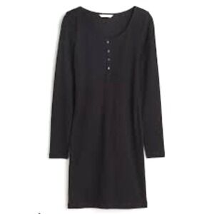 H&M Womens Ribbed Henley Dress Medium Black Minimalist Softcore 90s Lounge Basic